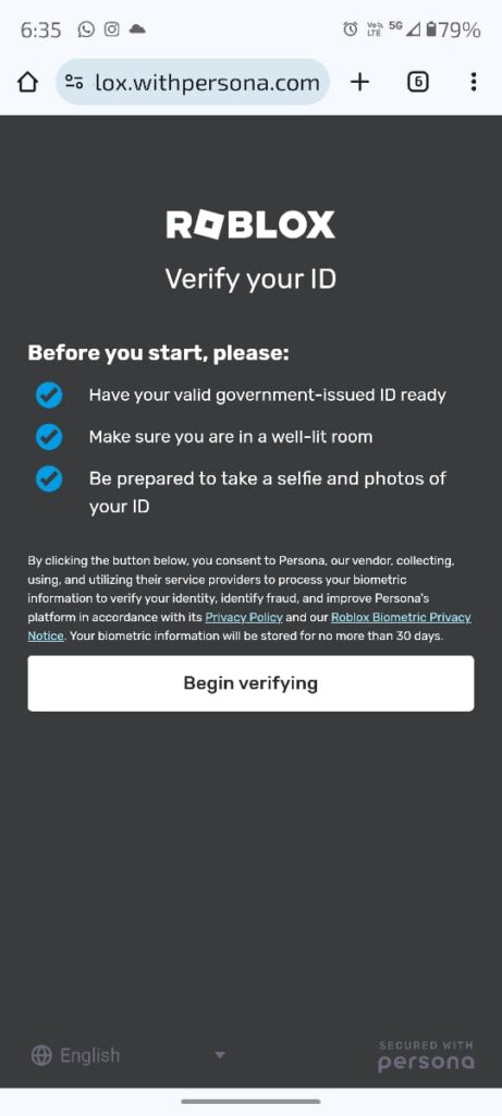 Roblox verification via Phone document 
